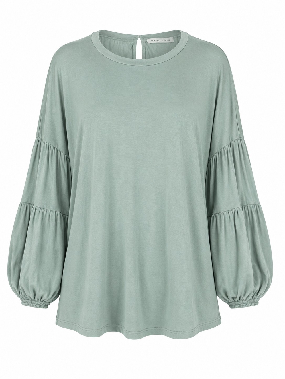 FANTASTIC FAWN | Sage Green Modal Balloon Sleeve Boho Blouse Soft Knit Boxy | L